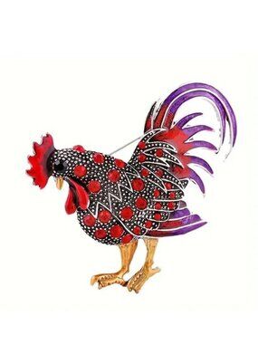 Rooster Brooch Pin Inlay Rhinestone Chicken Sparkle Trendy Stylish Glam Large